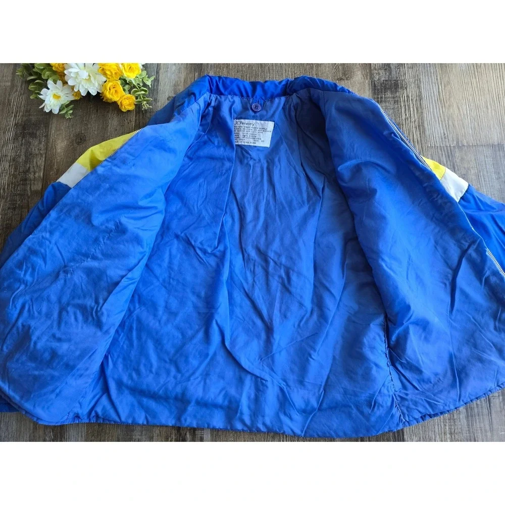 Vintage 70s‎ JCPenney Puffer Jacket Kids Size 10 Blue Yellow Colorblock Coat